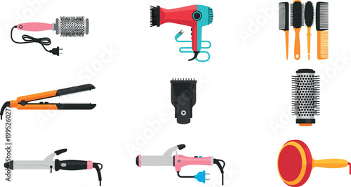 Hair styling tools set with dryer brushes curlers straighteners and combs in colorful flat vector illustration collection for salon design