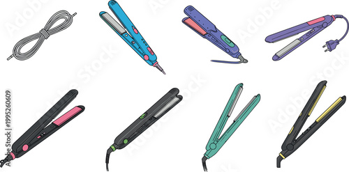 Hair styling tools set with flat irons curling devices and electric accessories in colorful flat vector illustration collection for beauty design