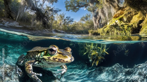 Frog submerged in water with lush forest above