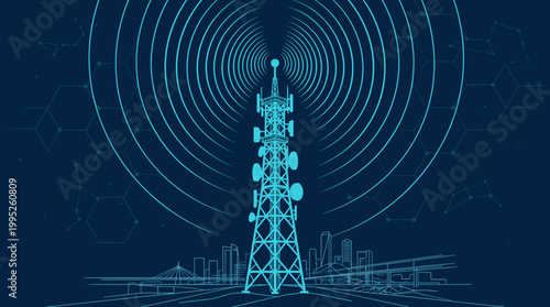 Blue glowing communication tower broadcasting wireless signals over a modern city skyline for global network concept and high-speed data connectivity