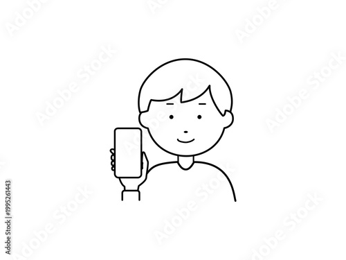 線画　スマホの画面をこちらに見せる男性