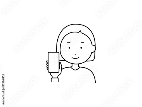 線画　スマホの画面をこちらに見せる女性