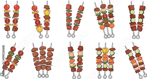 Hand drawn barbecue skewers collection with meat vegetables and colorful ingredients isolated on light background vector illustration set