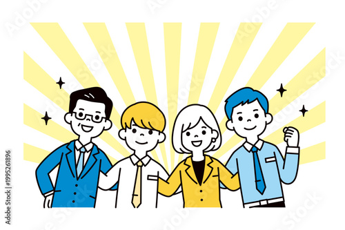 チームワークで頑張る、社長・経営者と複数の男性社員・女性社員の上半身ベクターイラスト素材