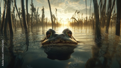Bullfrog Emerges From Calm Pond Waters At Sunrise