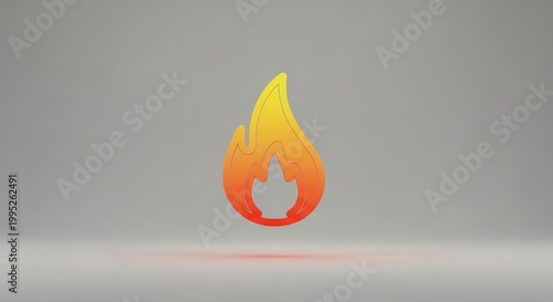 Vibrant gradient flame emblem floating above a reflective neutral surface modern digital design