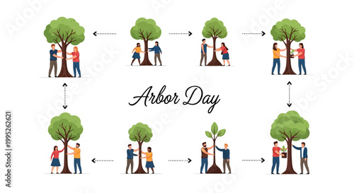 A flat vector illustration shows people participating in a tree planting activity, demonstrating environmental conservation and reforestation for Arbor Day, set against a clean white