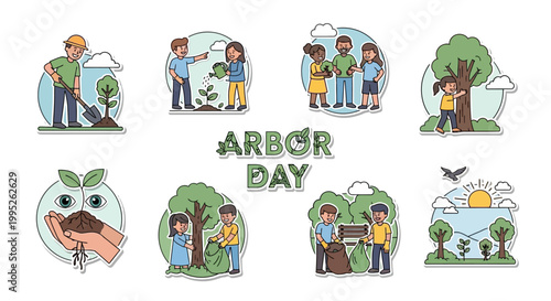 A set of vector illustrations promoting Arbor Day depicts diverse individuals planting trees and engaging in environmental conservation activities, presented in a clean, minimalist style