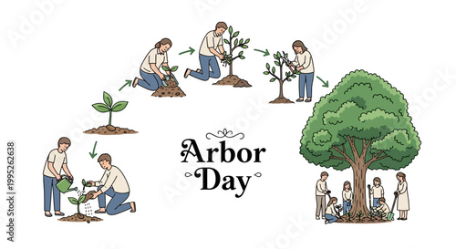 Illustrated vector depicts the 'Arbor Day' concept with a sequence of planting trees, from seedling to mature tree, emphasizing environmental conservation and reforestation against a clean