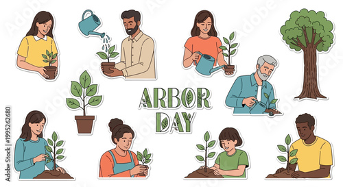 Illustrations show people participating in Arbor Day planting trees, with a variety of ages and ethnicities represented in a colorful vector art style promoting environmental conservation