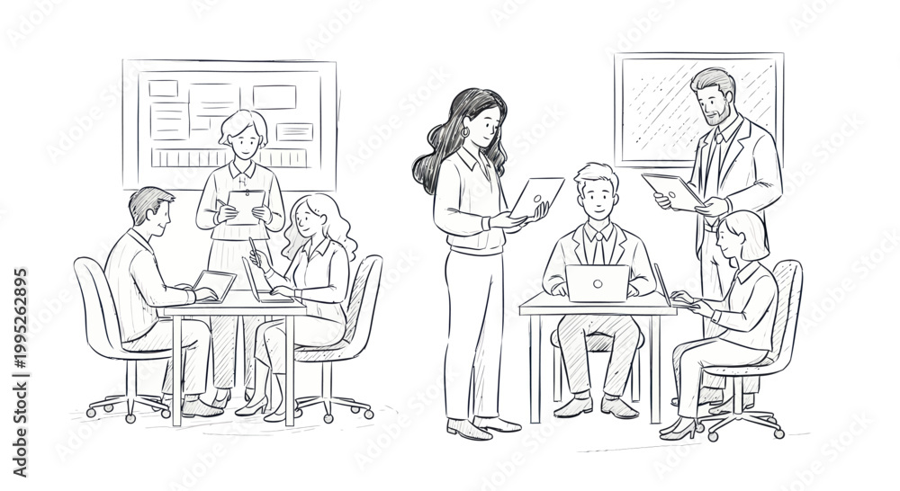 Obraz premium Business People Collaborating in Office Environment Sketch.