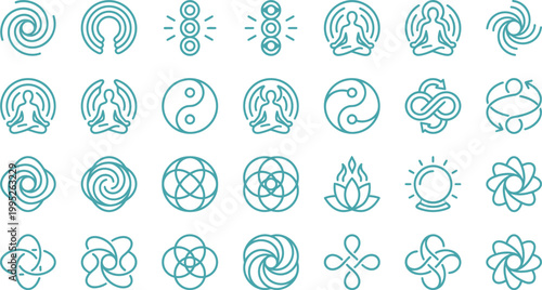 Collection of minimalist spiritual and wellness symbols including meditation, yin yang, and geometric designs.