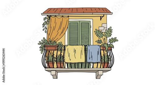 Charming European Balcony with Clothes Drying and Potted Plants.