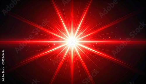 Une explosion de lumière rouge intense avec des rayons stellaires brillants et des particules étincelantes sur un fond noir profond et mystérieux.