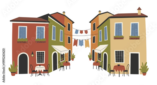 Charming European Street with Colorful Buildings and Outdoor Cafes.