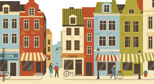 Charming European Street with Colorful Historic Buildings and Shops.