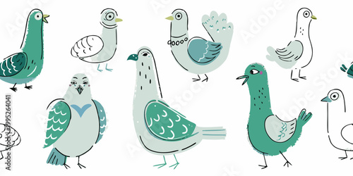 A collection of whimsical illustrated pigeons in various poses and colors