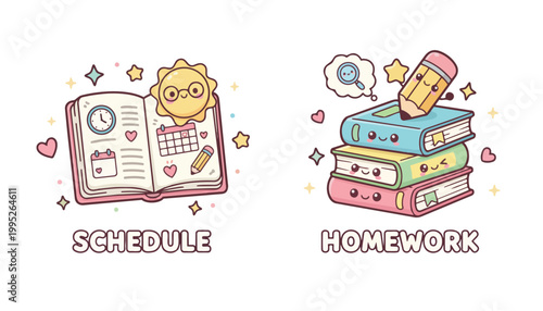 Cute Kawaii Schedule and Homework Book Vector Illustration