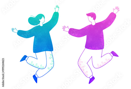 幸せそうに喜ぶカップル。結婚や記念日など人生を彩る瞬間の水彩イラスト