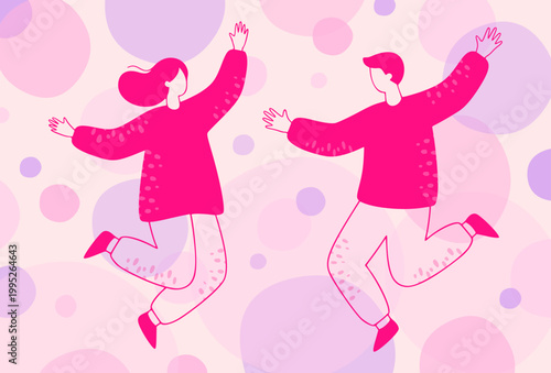 幸せそうに喜ぶカップル。結婚や記念日など人生を彩る瞬間のポップイラスト