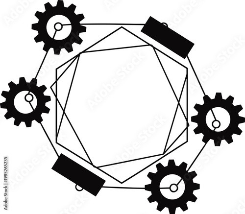 Abstract Industrial Concept with Gears and Geometric Shapes, Black and White Technology and Mechanism Vector Design Element for Business Development