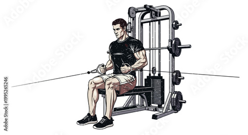 Man doing seated cable rows exercise on a smith machine in a gym