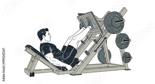 Man exercising leg press machine in gym