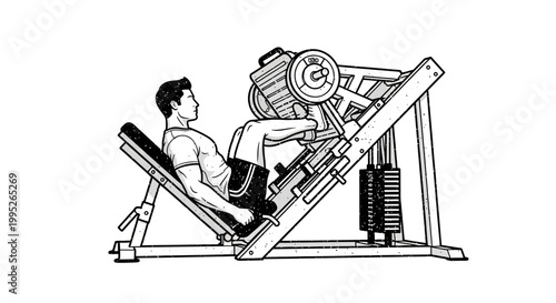 Man exercising on leg press machine, fitness workout, strength training illustration