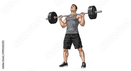 Man lifting barbell overhead, intense weight training, muscular build