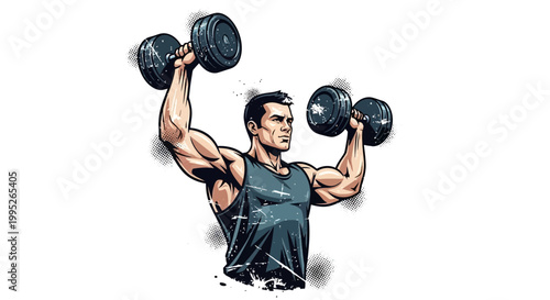 Muscular man lifting dumbbells, workout illustration