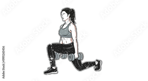 Woman doing lunges with dumbbells, fitness exercise, sketch style