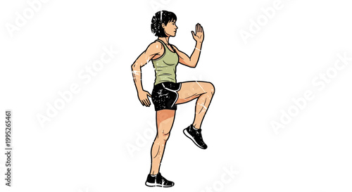 Woman doing high knees exercise, fitness, workout, isolated on white background