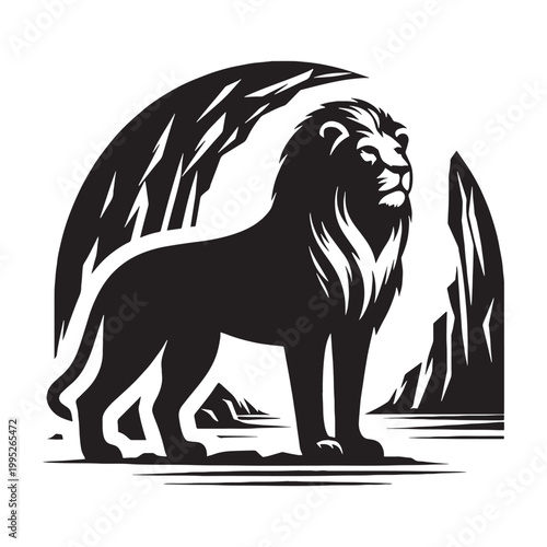 Majestic Lion Silhouette in Golden Sunset Wild African Savannah King of Jungle Powerful Predator Elegant Outline Nature Wildlife Art Minimalist Design Black Shadow Roaring Strength Courage Beauty.