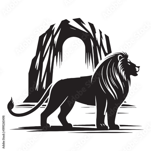 Majestic Lion Silhouette in Golden Sunset Wild African Savannah King of Jungle Powerful Predator Elegant Outline Nature Wildlife Art Minimalist Design Black Shadow Roaring Strength Courage Beauty.