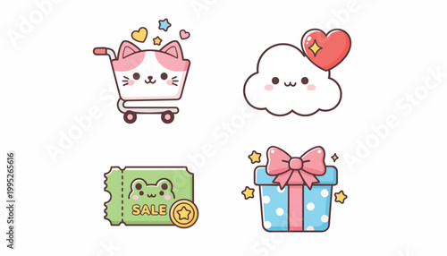 Kawaii Cute Icons Cat Cart, Cloud Heart, Sale Ticket, Gift Box