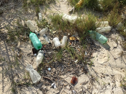 beach shore polluted with plastic waste and other household products
