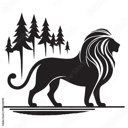Majestic Lion Silhouette in Golden Sunset Wild African Savannah King of Jungle Powerful Predator Elegant Outline Nature Wildlife Art Minimalist Design Black Shadow Roaring Strength Courage Beauty.