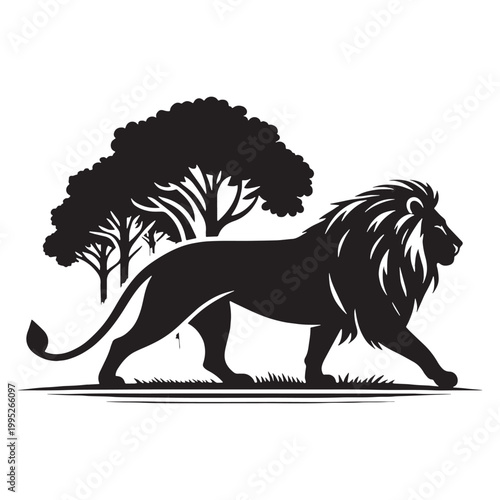 Majestic Lion Silhouette in Golden Sunset Wild African Savannah King of Jungle Powerful Predator Elegant Outline Nature Wildlife Art Minimalist Design Black Shadow Roaring Strength Courage Beauty.
