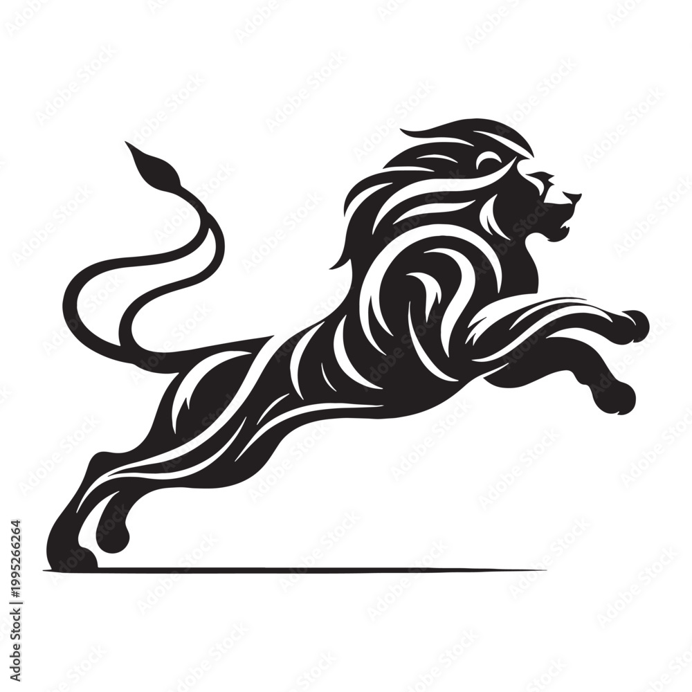 Obraz premium Majestic Lion Silhouette in Golden Sunset Wild African Savannah King of Jungle Powerful Predator Elegant Outline Nature Wildlife Art Minimalist Design Black Shadow Roaring Strength Courage Beauty.