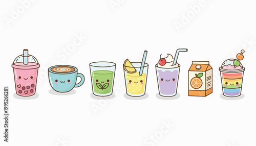 Kawaii Drink Collection Cute Beverage Vector Illustration