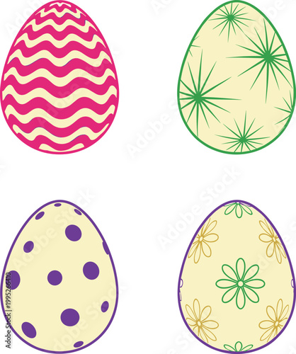 Colorful Decorated Easter Eggs Collection with Patterns, Set of Four Painted Eggs with Zigzag, Stars, Dots and Floral Ornaments for Spring Holiday