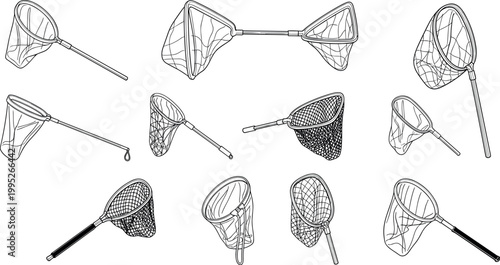 Hand drawn fishing nets set with landing nets and tools in detailed outline monochrome style vector illustration collection