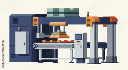 Industrial Manufacturing Machine with Conveyor Belt and Control Panel.
