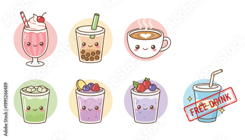 Kawaii Drink Collection Vector Illustration with Cute Faces