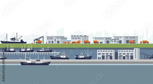 Industrial port with cargo ships and warehouses along the waterfront.