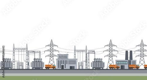 Industrial Power Plant and Electrical Substation with Transmission Towers.