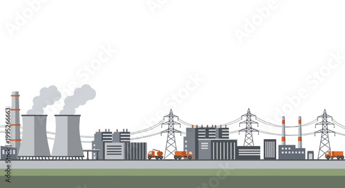 Industrial power plant with cooling towers and smoke stacks.