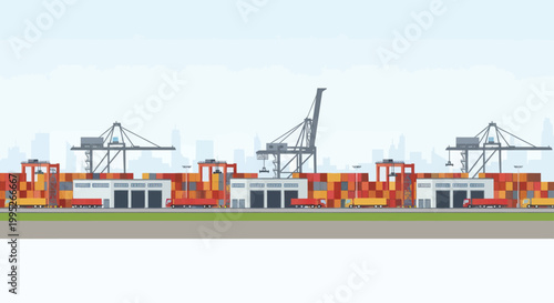 Industrial Port with Shipping Containers and Cranes.