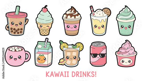 Kawaii Drinks Vector Clipart Set with Cute Characters