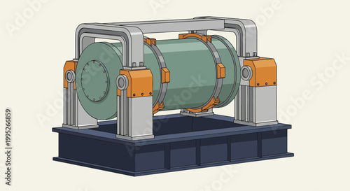 Industrial rotating drum machine for material processing and manufacturing operations.